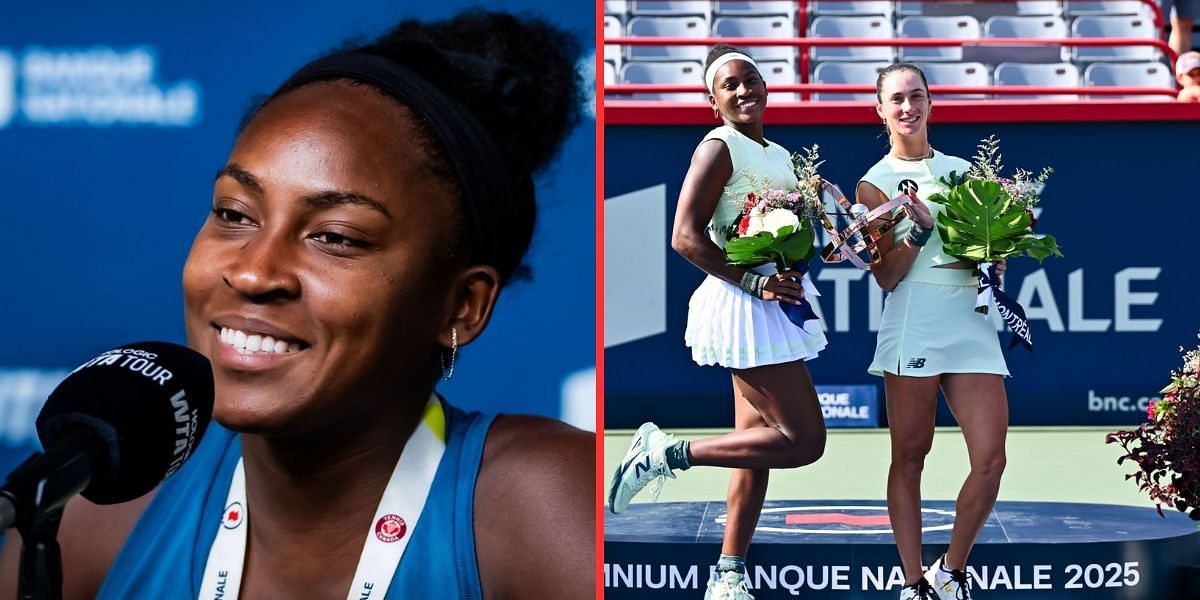 Coco Gauff during a press conference at the 2025 National Bank Open in Montreal (left), Coco Gauff and McCartney Kessler celebrate their doubles title at the 2025 National Bank Open in Montreal (right), Sources: Getty