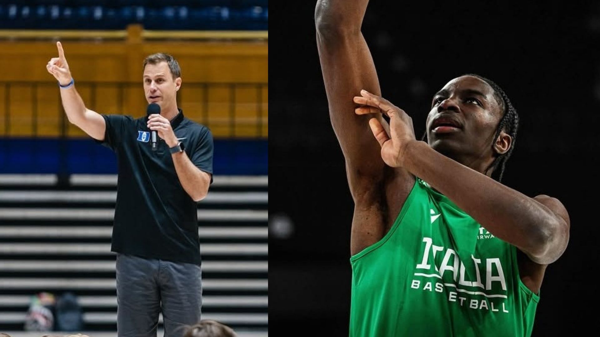 Duke coach Jon Scheyer and incoming freshman Dame Sarr. (Images via Instagram @jscheyer and @dame.sarr7)
