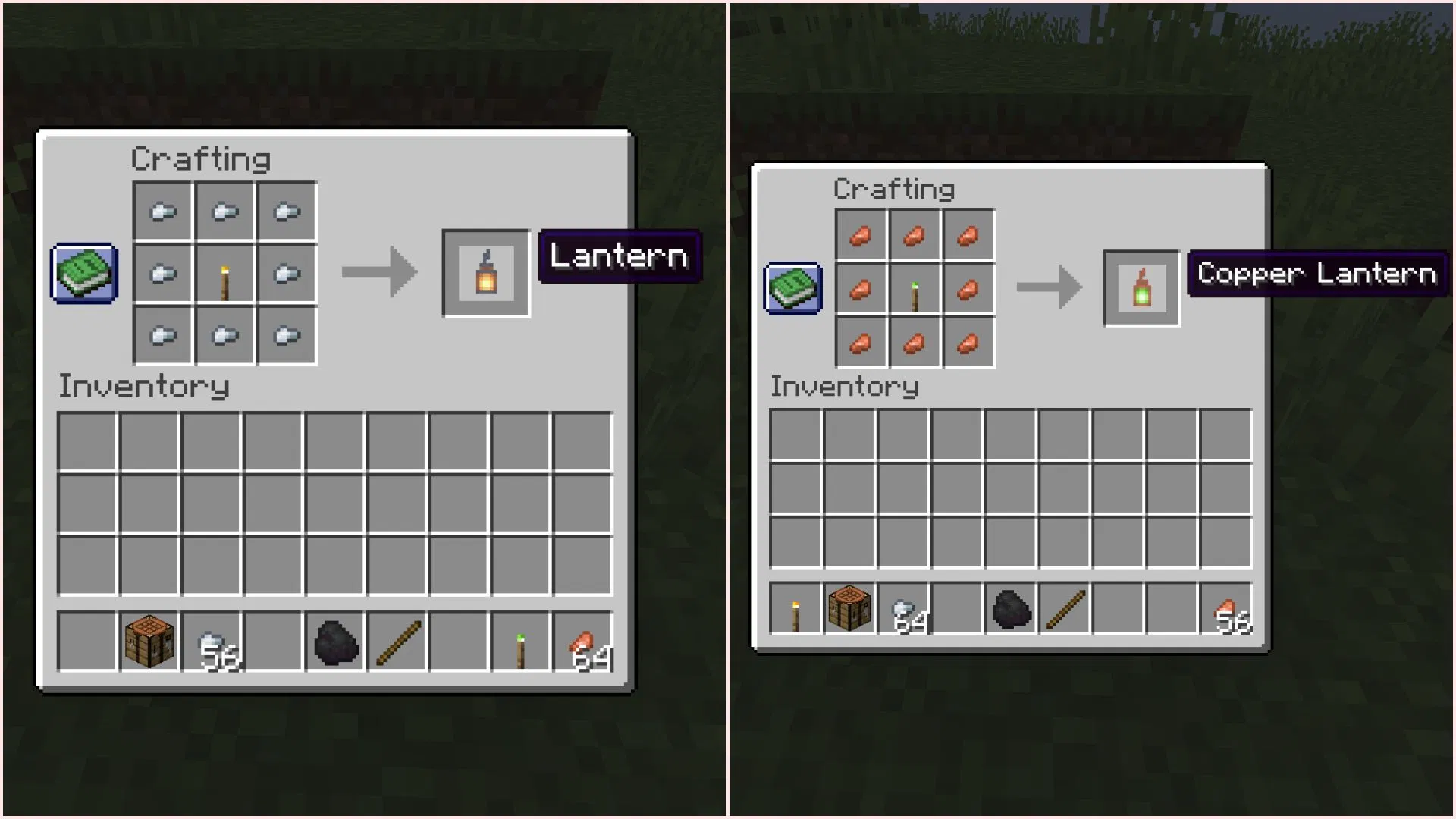 Crafting recipe of both regular and copper lanterns (Image via Sportskeeda Gaming || Mojang Studios)