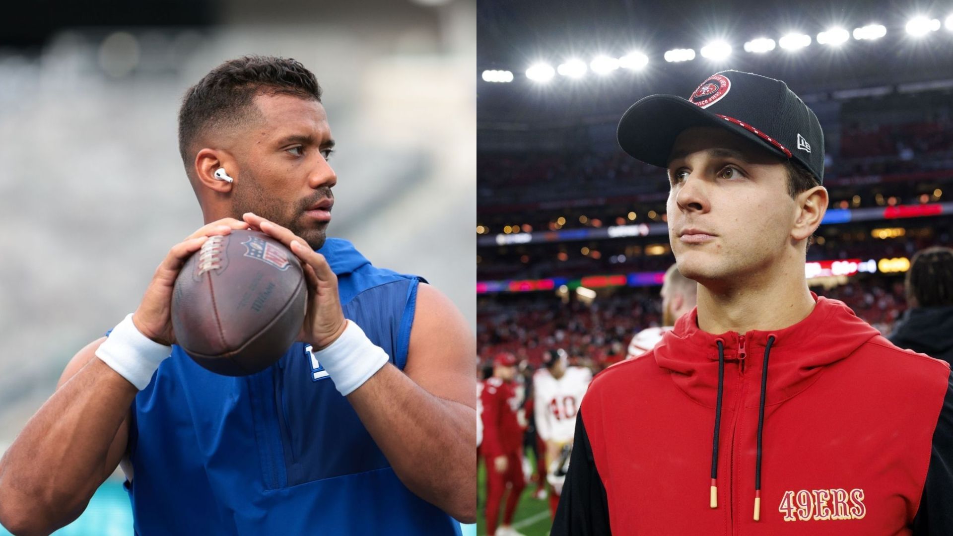 Russell Wilson or Brock Purdy:  Which QB should I draft in Fantasy Football 2025? - via Getty/CMS