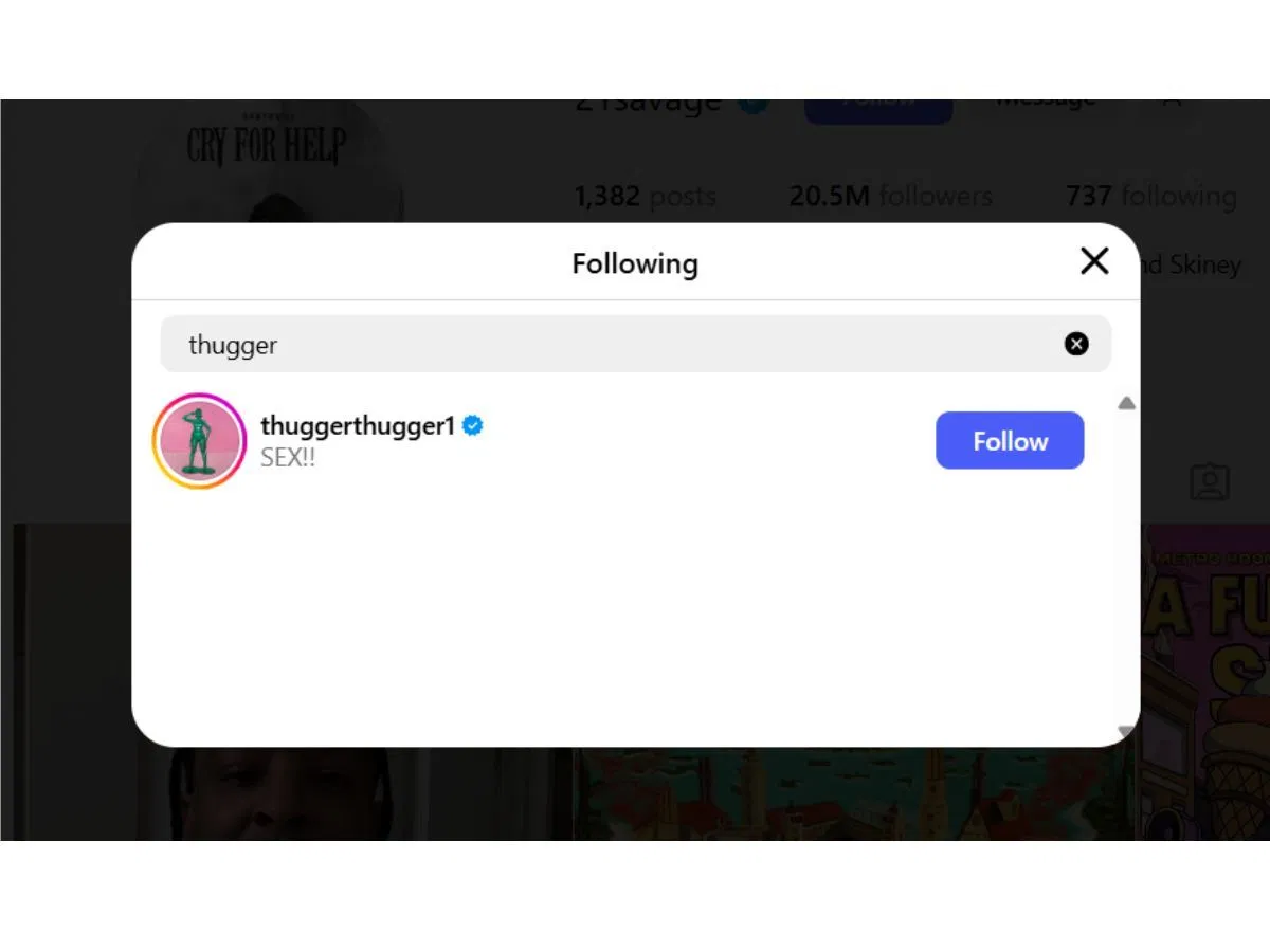 21 Savage&#039;s follow list on Instagram (Image via Instagram/ @21savage)
