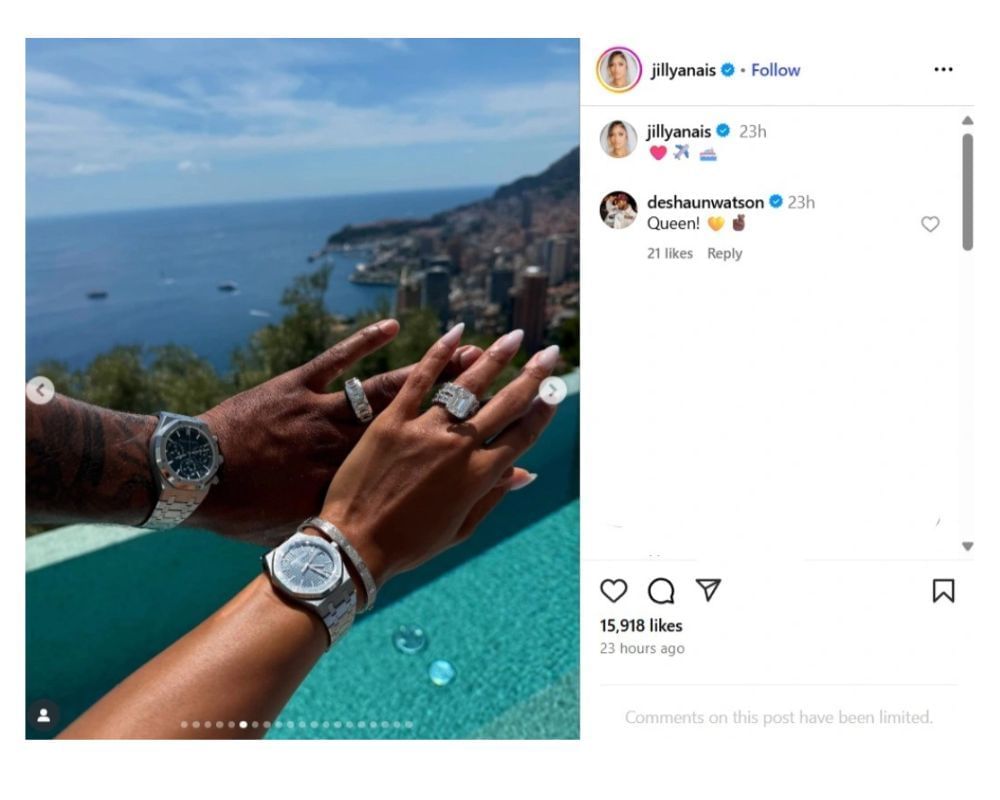 Deshaun Watson and wife Jilly show off matching $136,798 Audemars Piguet watches while recapping special moments from tropical vacay [IG/@jillyanais]