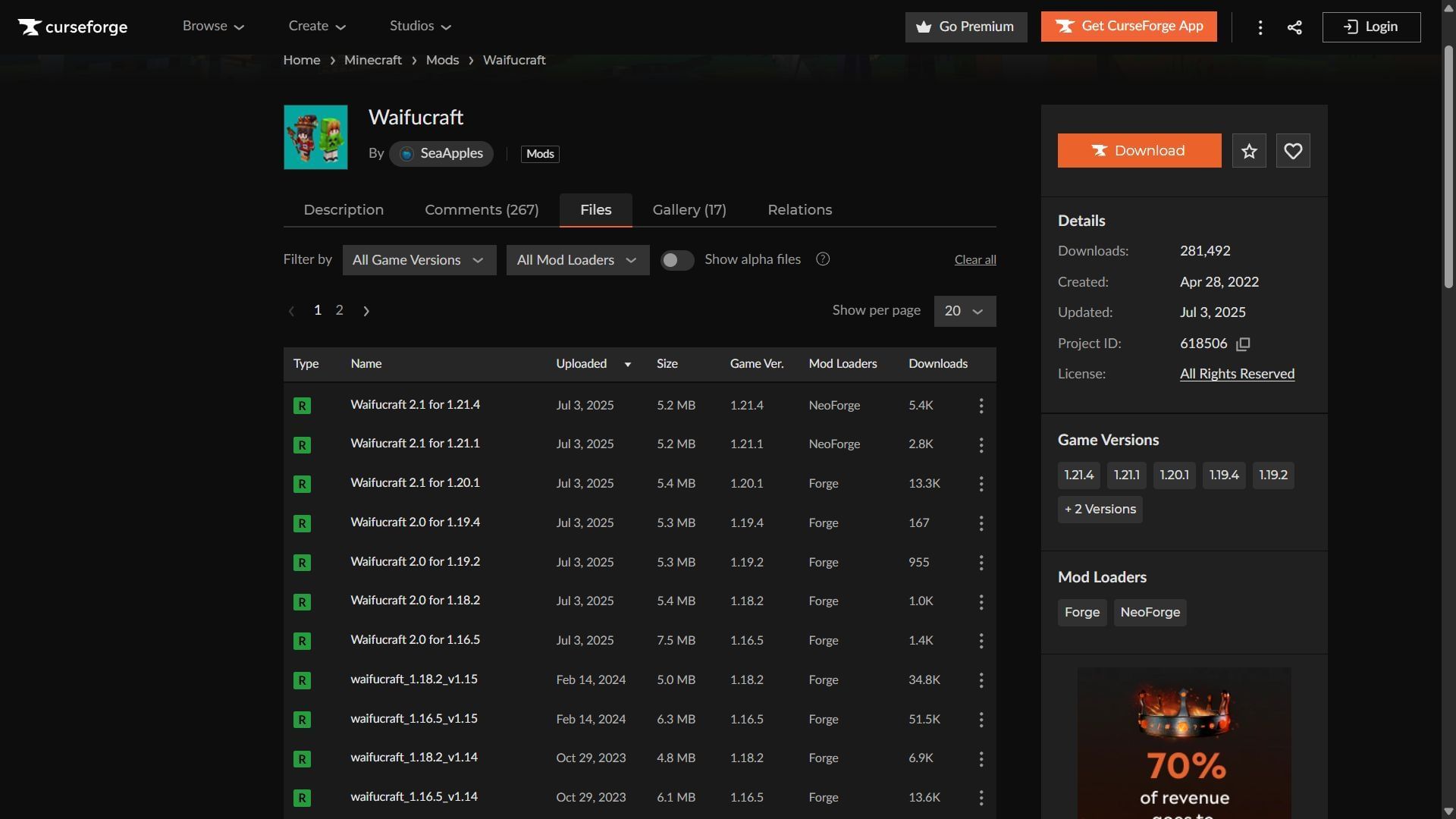 Waifucraft can be easily downloaded from the CurseForge website (Image via CurseForge)