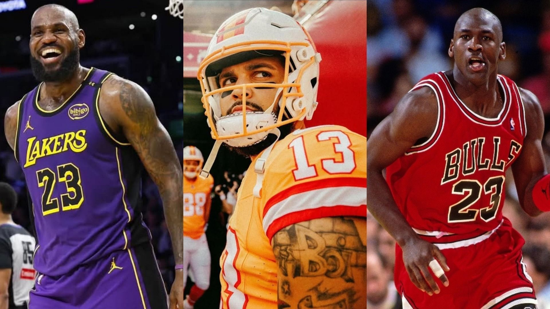 An image of LeBron James, Mike Evans, and Michael Jordan