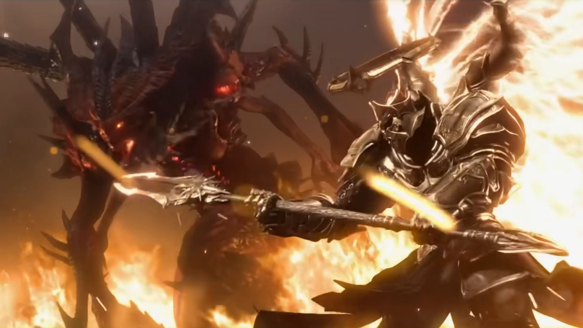 Diablo, now fully manifested, launches his assault on the High Heavens, but Imperius, the Archangel of Valor, stands in his way (Image via Blizzard Entertainment)