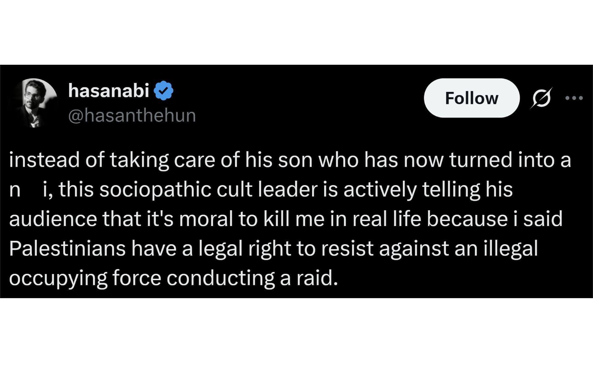 HasanAbi&#039;s X post, dated August 17, 2025, in which he called Destiny a &quot;sociopathic cult leader&quot; (Image via x.com/hasanthehun)