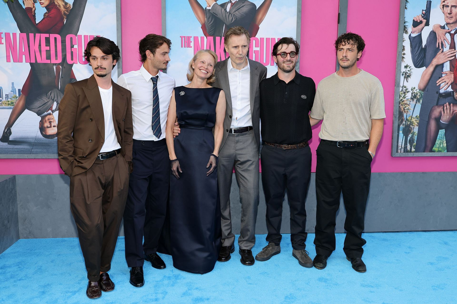 Dylan Jagger Lee, Brandon Thomas Lee, Pamela Anderson, Liam Neeson, Daniel Neeson, and Miche&aacute;l Neeson attend &quot;The Naked Gun&quot; New York premiere on July 28, 2025 in New York City. (Photo by Dia Dipasupil/Getty Images)
