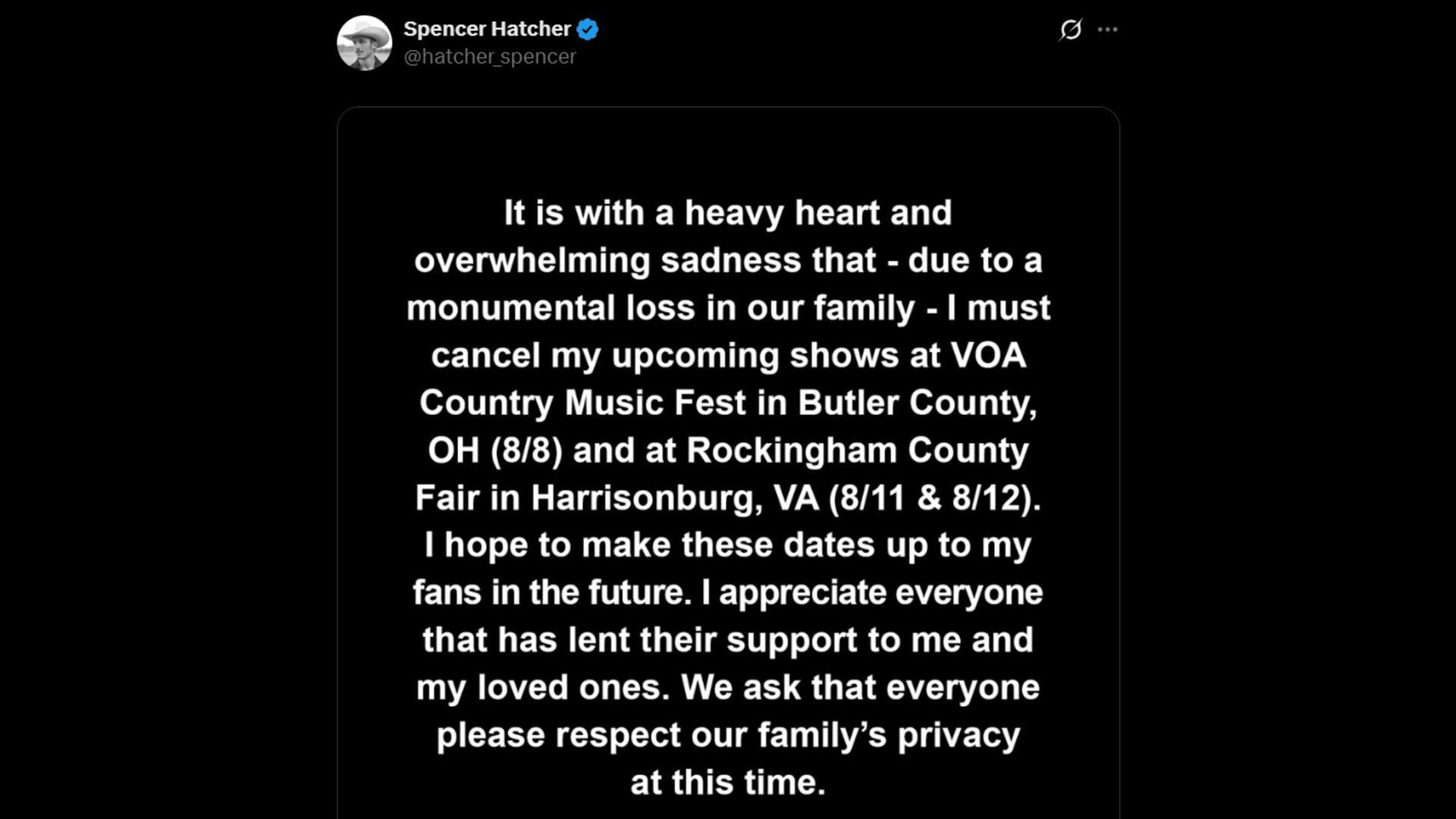 Spencer Hatcher canceled three shows in the aftermath of his mother&#039;s demise. (Image via X)