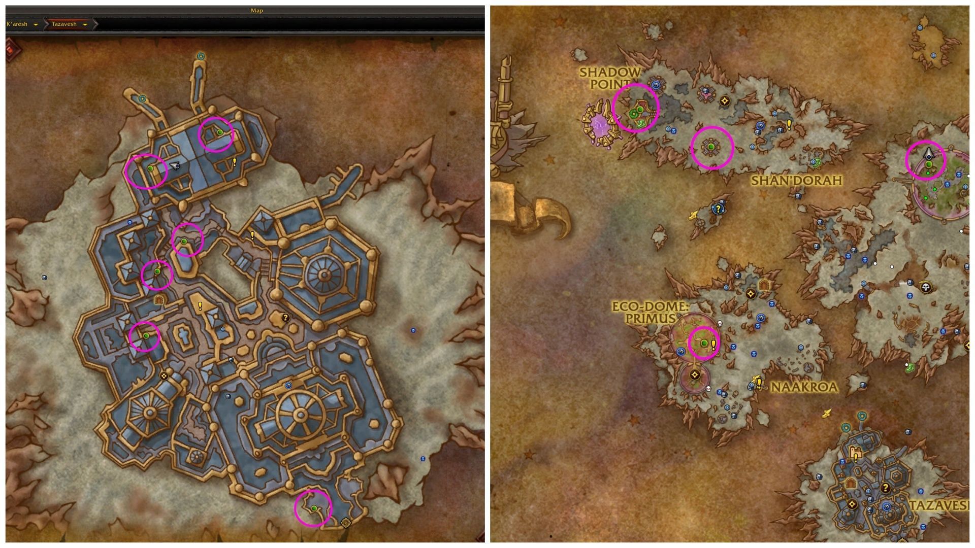Here are all of the locations on both maps for the WoW achievement Secrets of the K&#039;areshi (Image via Blizzard Entertainment)