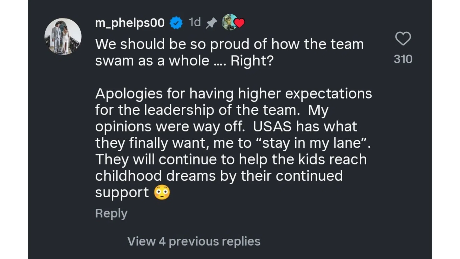 Screenshot of Phelps&#039; comment amid the post from King (Image via: @swimcellys on IG)
