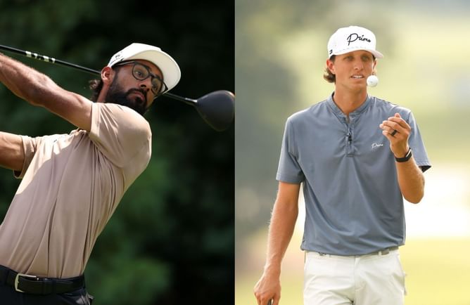 Grant Horvat cheers for Akshay Bhatia as he gears up with a hole-in-one at the BMW Championship