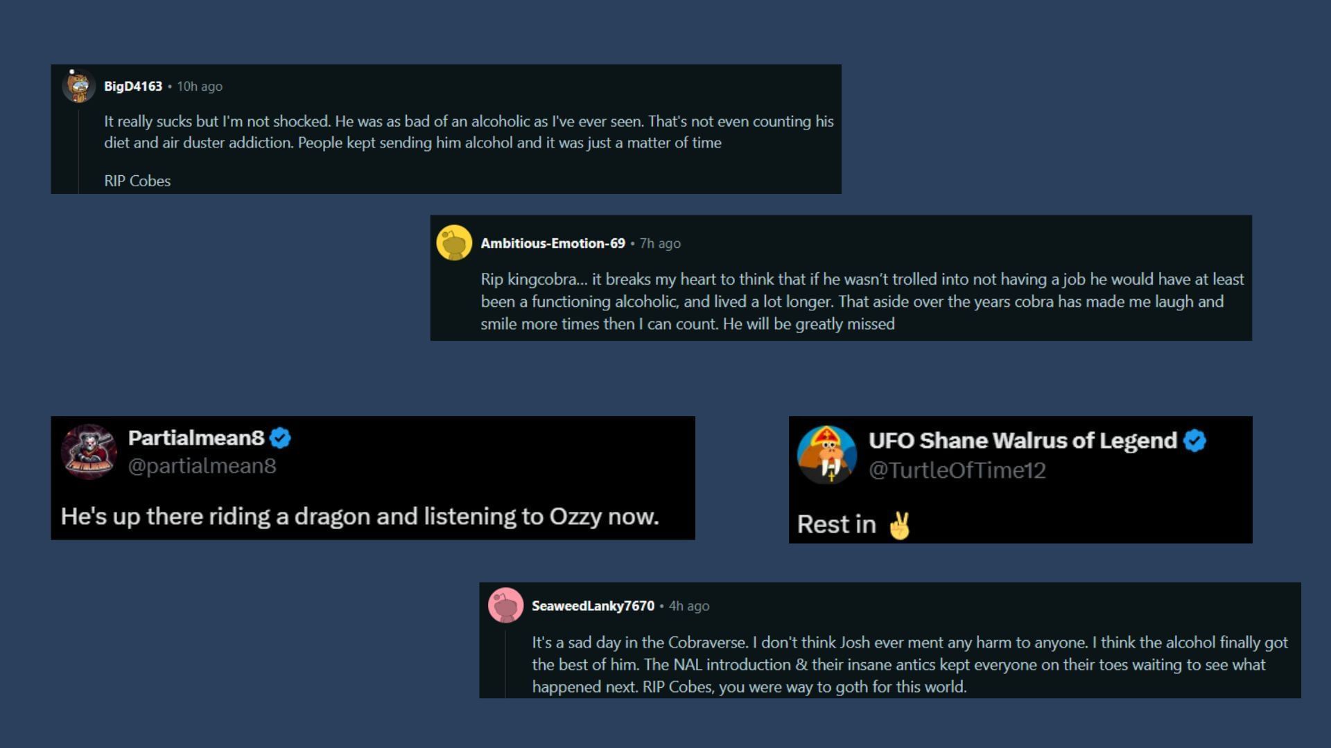 Comments about Josh&#039;s death across X and Reddit (Images via r/redscarepod/Reddit, @Awk20000/X)