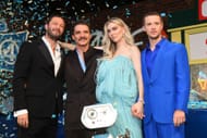 (L-R) Ebon Moss-Bachrach, Pedro Pascal, Vanessa Kirby and Joseph Quinn attend "The Fantastic Four: First Steps" UK Launch Event (Photo by Joe Maher/Getty Images)