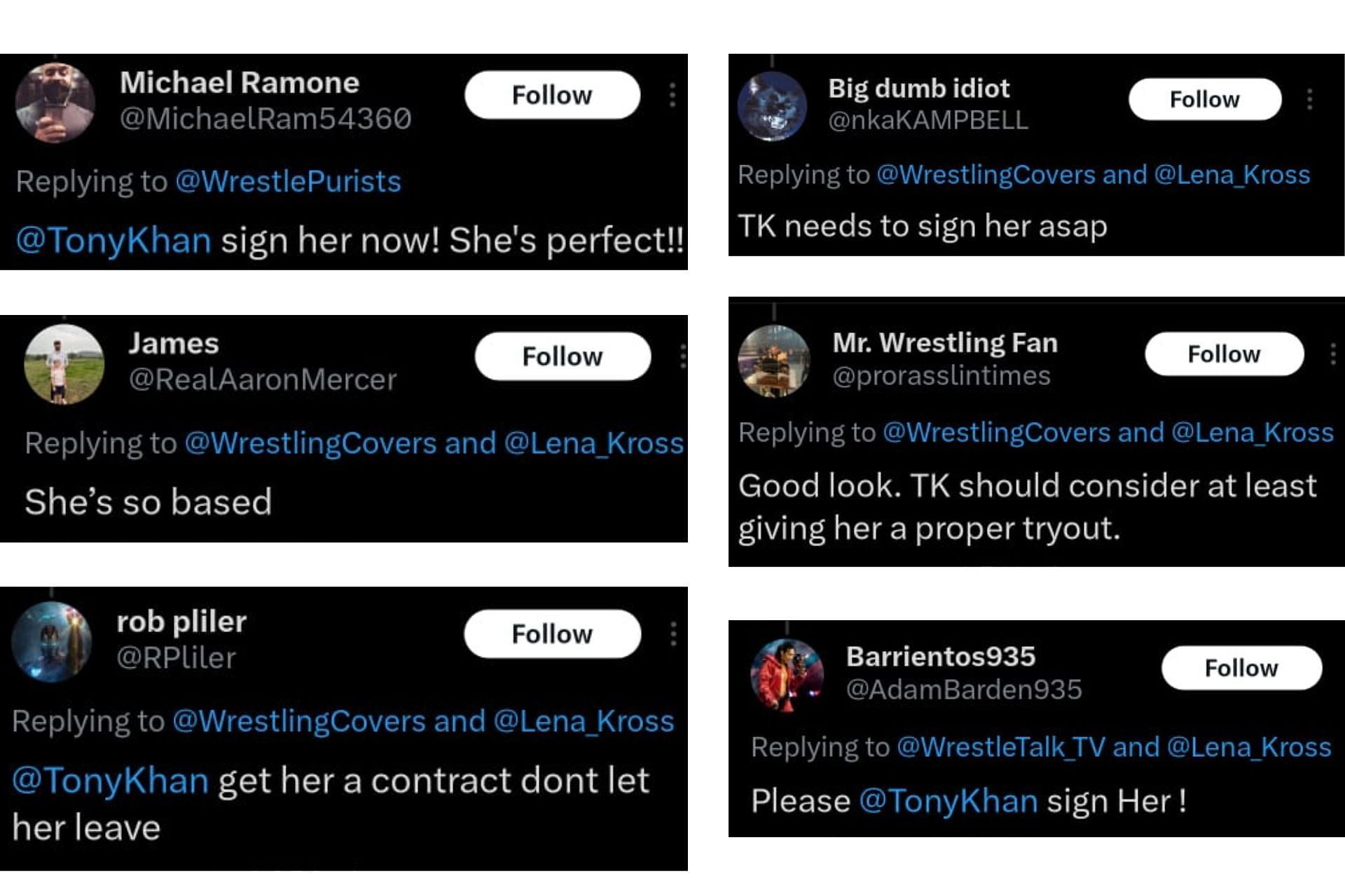 Fans on the X social media platform are urging Tony Khan to sign Lena Kross [Source: Various fan accounts on X]