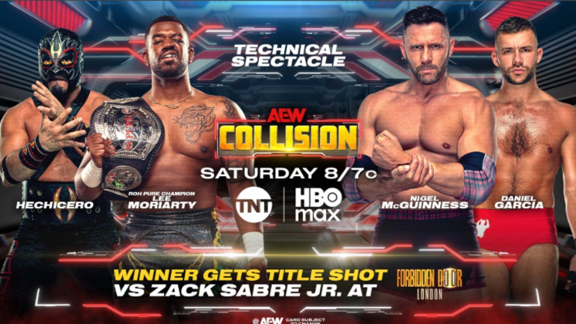 Match graphic for the 4-way &quot;Technical Spectacle&quot; on Collision [Source: AEW&#039;s X profile]