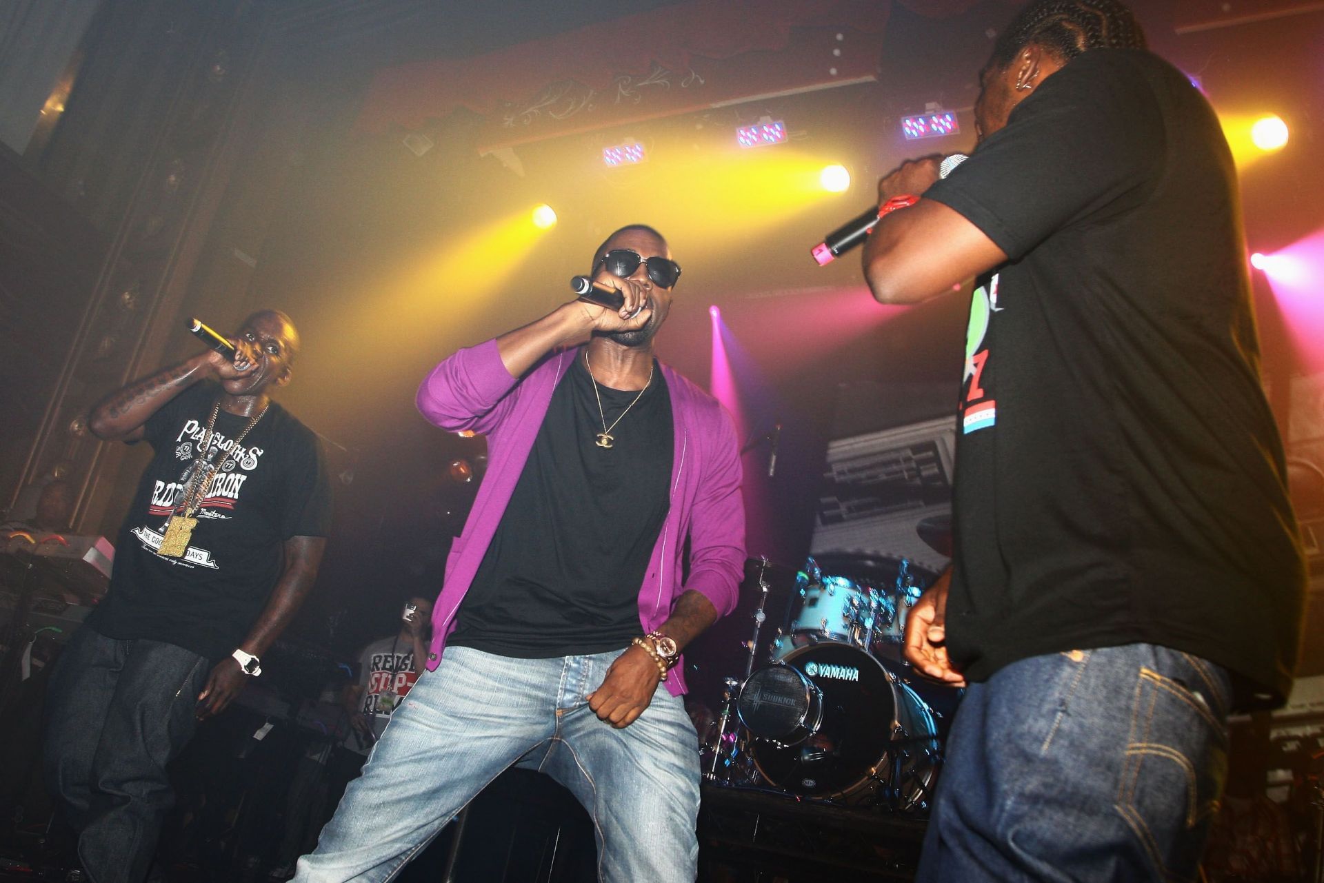 Kanye West performs with Malice and Pusha T of Clipse on stage during the Diesel U Music 2009 NYC Tour (Image via WireImage/Getty)