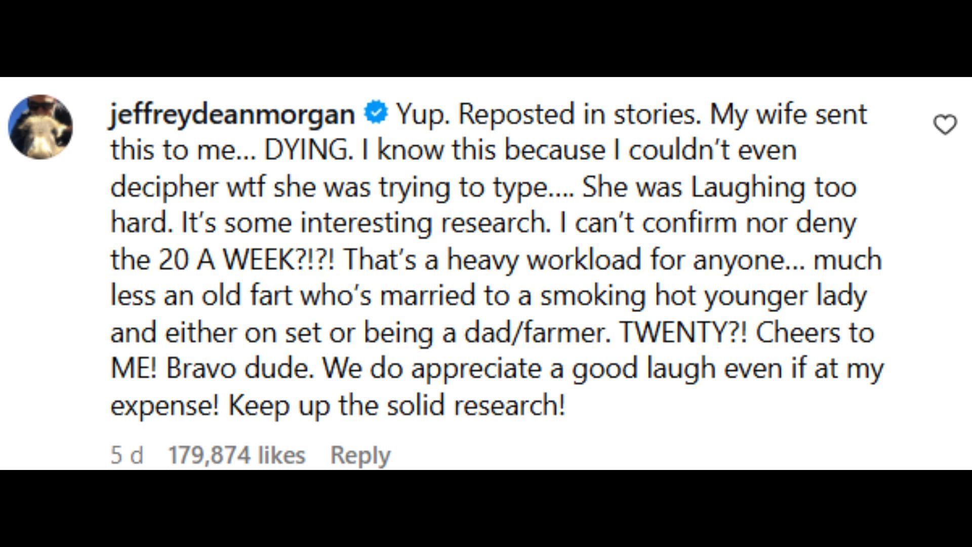 Jeffrey Dean Morgan&#039;s comment on Jon Shefsky&#039;s video (Image via Instagram/@jonshefsky)