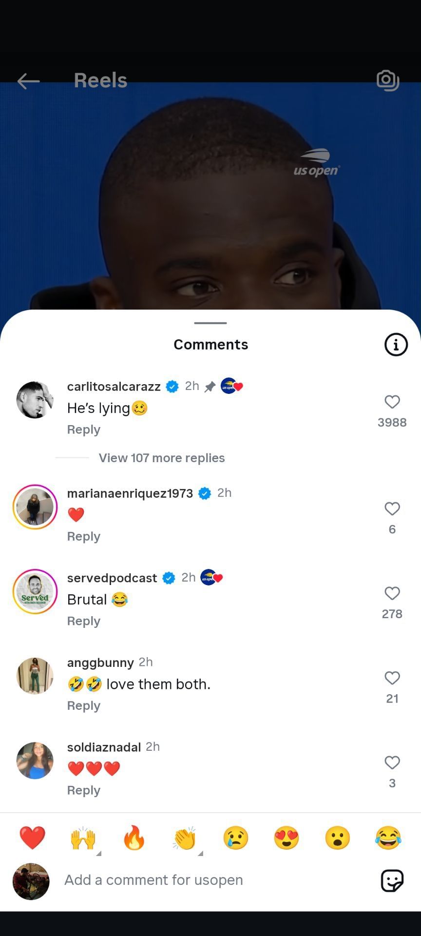 Screenshot of the US Open Instagram post&#039;s comment section.