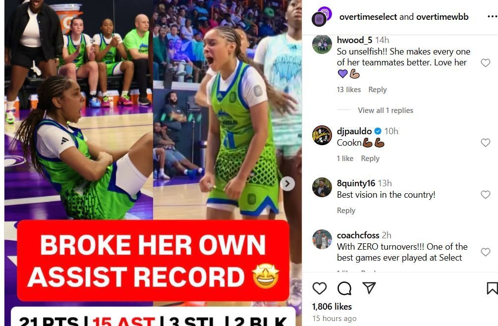 Fans react to Kaleena Smith&#039;s assist record at Overtime Select 2 game on IG. Image via @overtimeselect