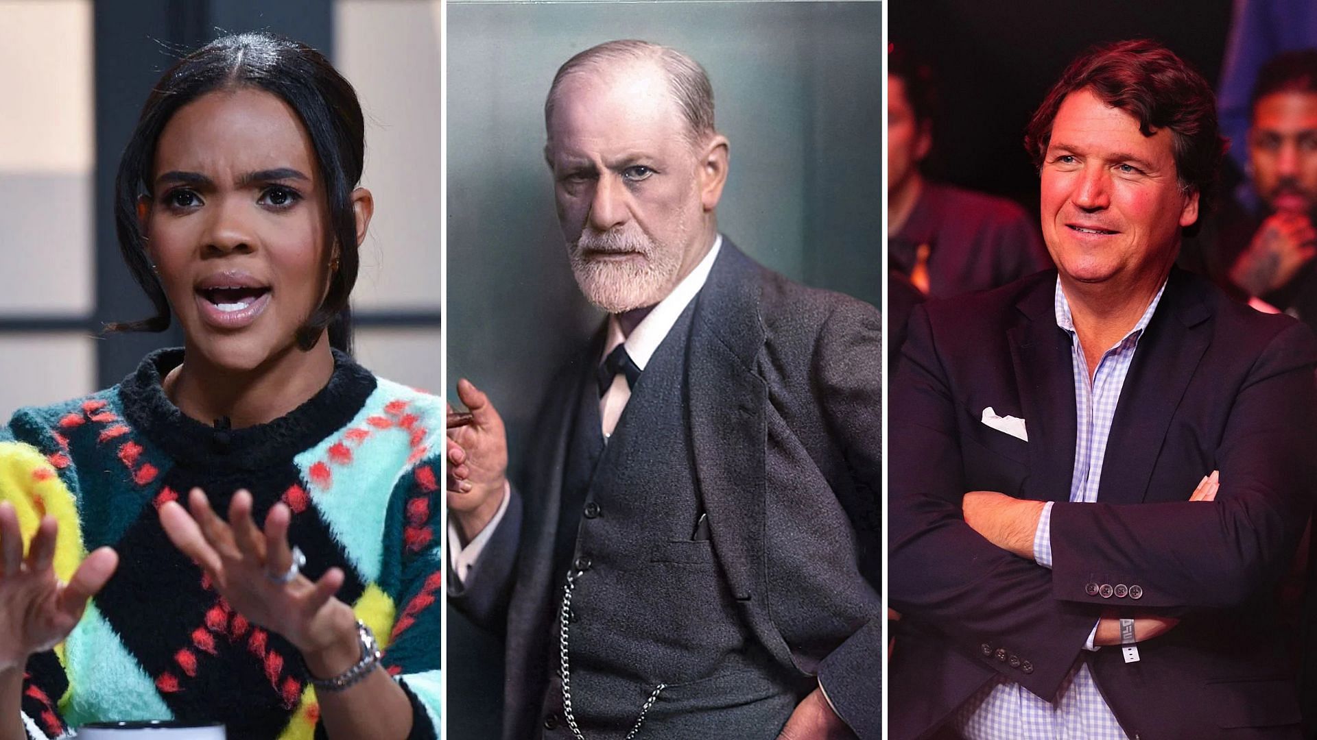 Candace Owens, Sigmund Freud, and Tucker Carlson (All Images via Getty)