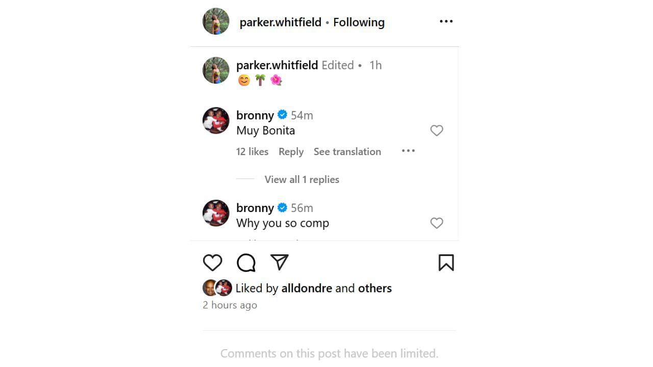 Bronny reacts to his girlfriend's IG post on Monday. [photo: @parker.whitfield/IG]