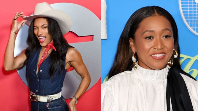 Tara Davis-Woodhall reacts as Naomi Osaka turns up the glamour in grey dress at promotion event of her new documentary