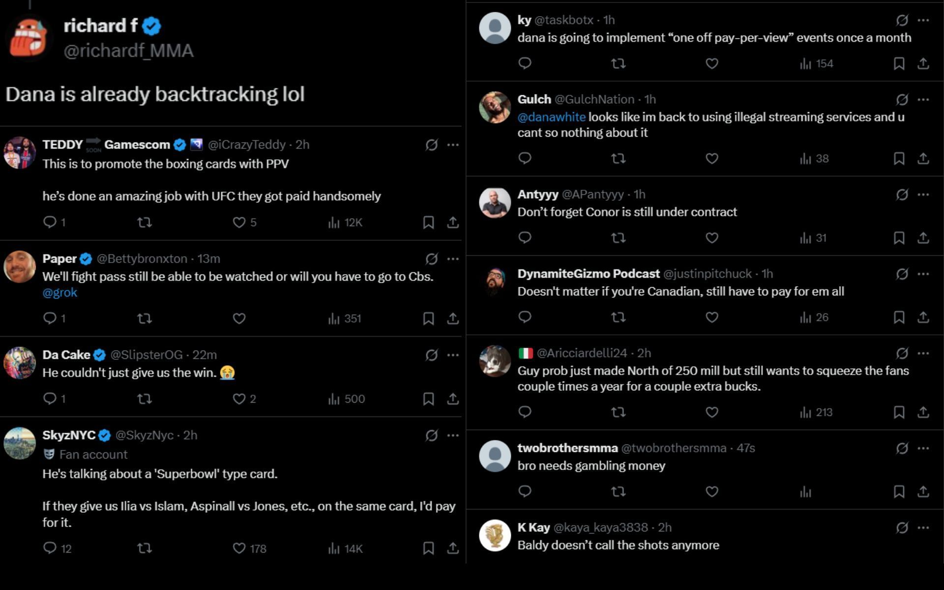 Fans react to Dana White claiming pay-per-view model is not dead. [Screenshots courtesy: @ChampRDS on X]