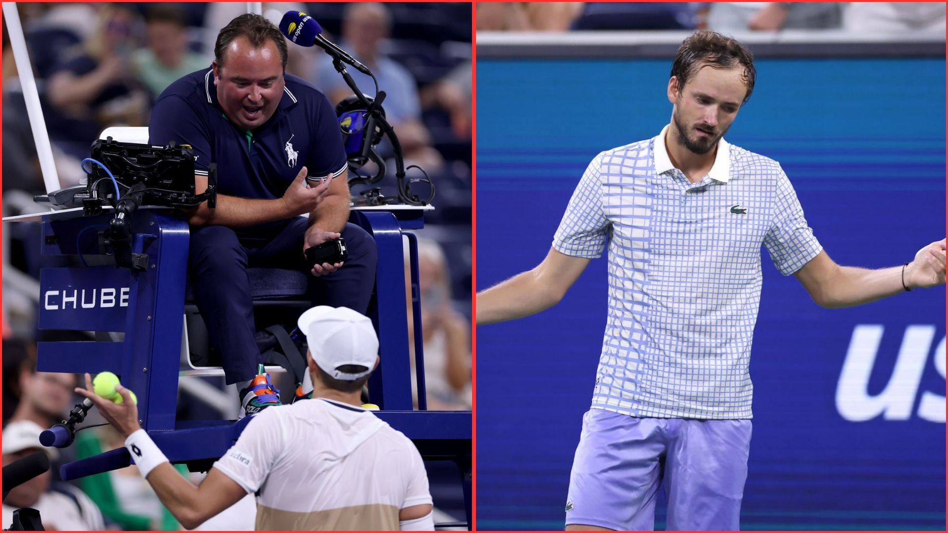 Benjamin Bonzi talking to chair umpire Greg Allensworth (L) Daniil Medvedev (R) | Getty