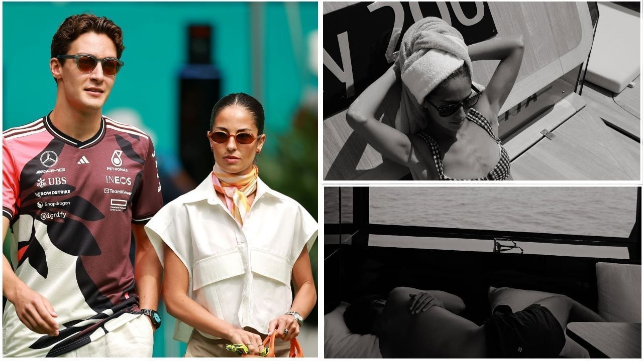 George Russell and girlfriend Carmen Mundt enjoy the F1 summer break on his yacht (Images from @carmenmmundt on Instagram and Getty Images)