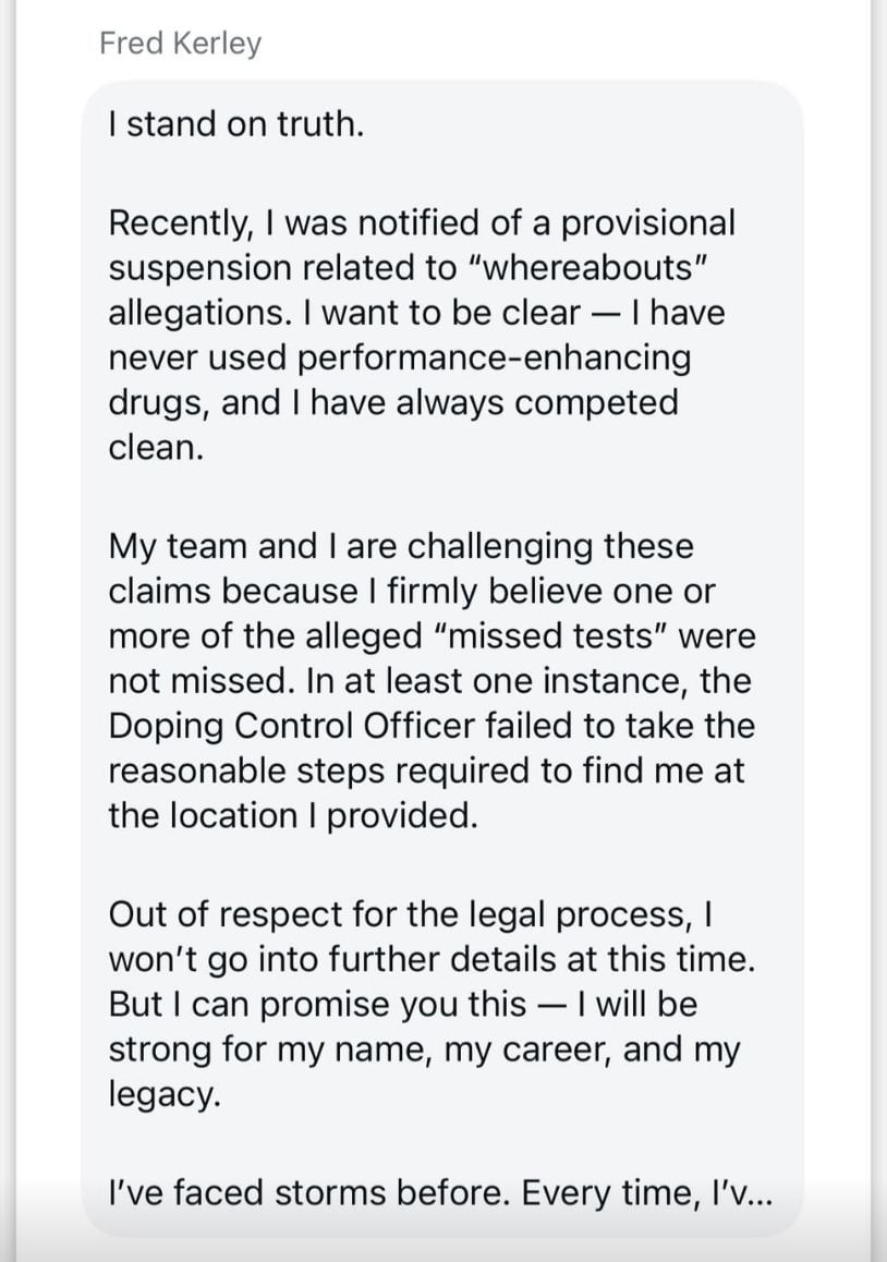 Fred Kerley issues a clarification | Instagram@fkerley99