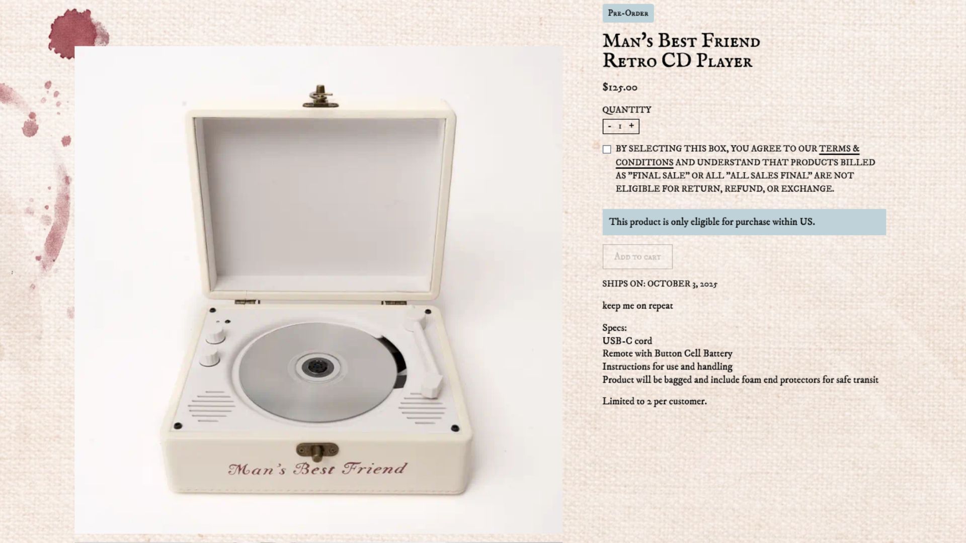 Sabrina Carpenter&#039;s retro CD player (Image via SabrinaCarpenter.com)
