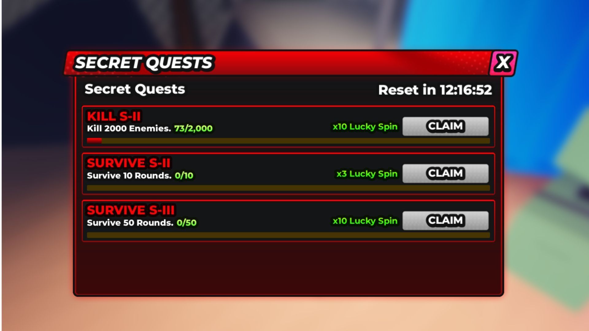 Complete Secret Quests to get Lucky Spins (Image via Roblox)