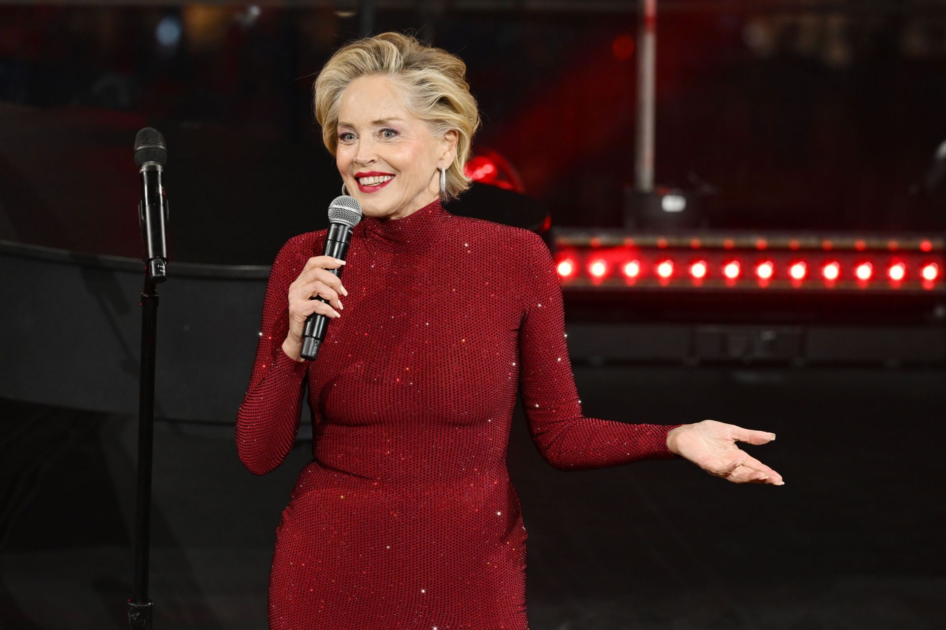 Sharon Stone speaks onstage during the The American Heart Association&#039;s Red Dress Collection Concert 2025 on January 30, 2025 in New York City. (Photo by Slaven Vlasic/Getty Images for The American Heart Association)