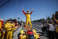 Alex Palou celebrates after winnint the 2025 IndyCar title at the Grand Prix of Portland - Source: Getty