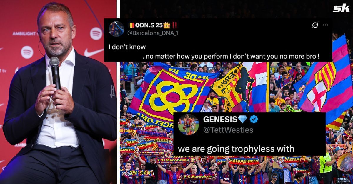 L to R: Hansi Flick and Barcelona fans (Images via Getty and X/@Barcelona_DNA_1 and @TettWesties)