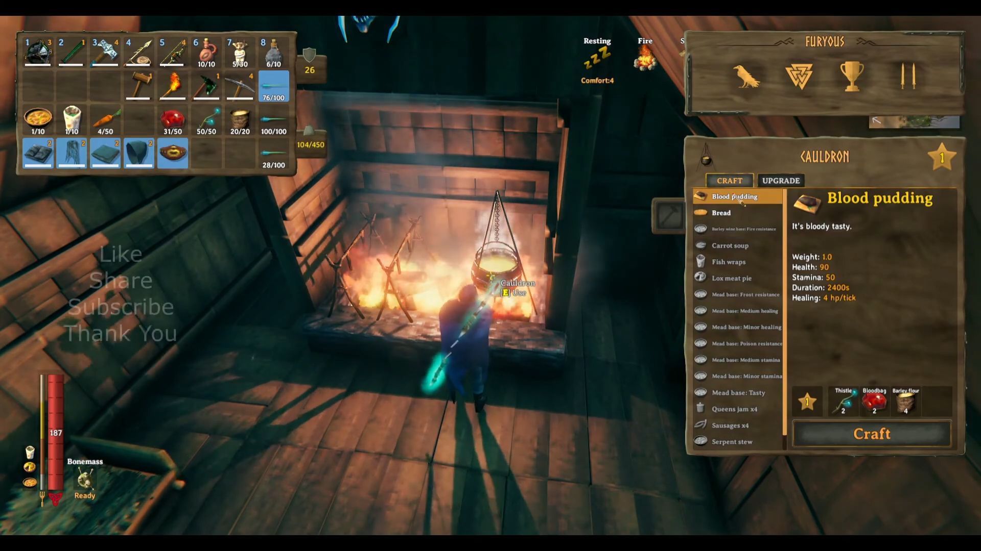 Use the Cauldron to make Blood Pudding (Image via Coffee Stain Publishing | YouTube/Furyous Gaming)