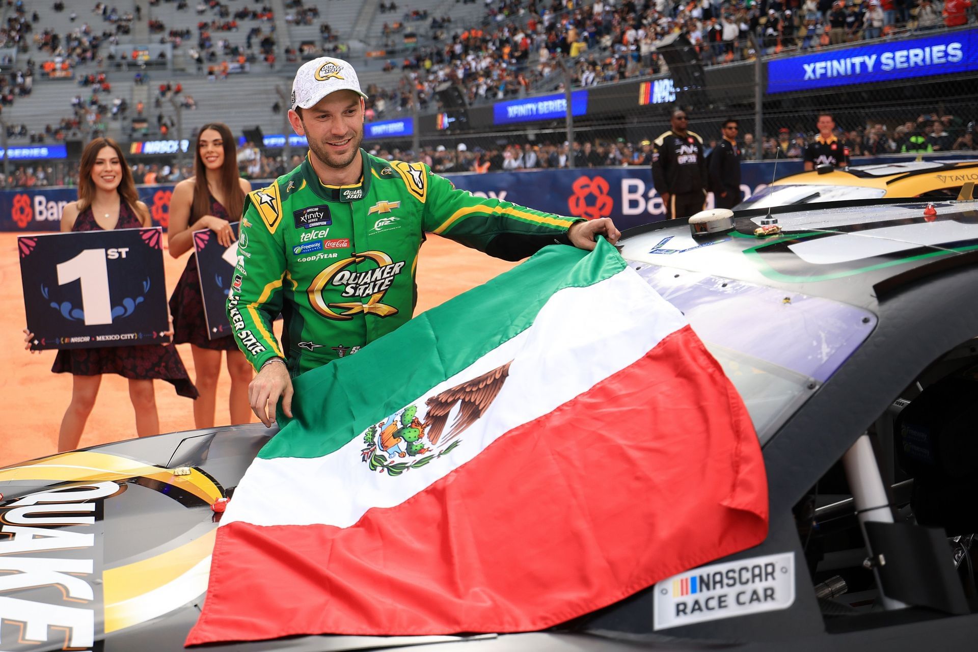 Daniel Suarez celebrates after winning the NASCAR Chilango 150. Source: Getty