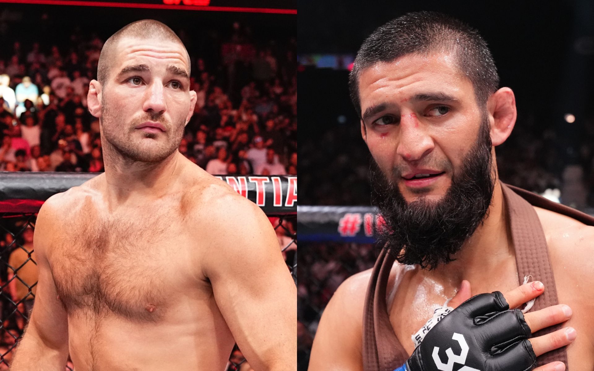 Khamzat Chimaev (right) responds to Sean Strickland