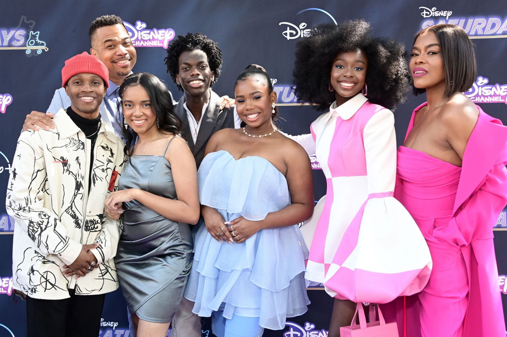 Jermaine Harris, Omar Gooding, Peyton Z Basnight, Tim Johnson Jr., Daria Johns, Danielle Jalade, and Golden Brooks attend the red carpet screening event for Disney&#039;s &quot;Saturdays&quot; at Walt Disney Studios on March 18, 2023 (Image via Getty)