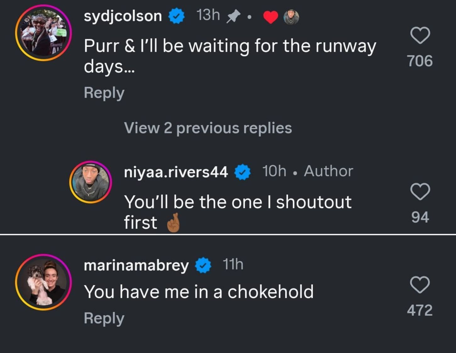 Marina Mabrey and Sydney Colson&rsquo;s comment on Saniya Rivers&rsquo; Instagram post