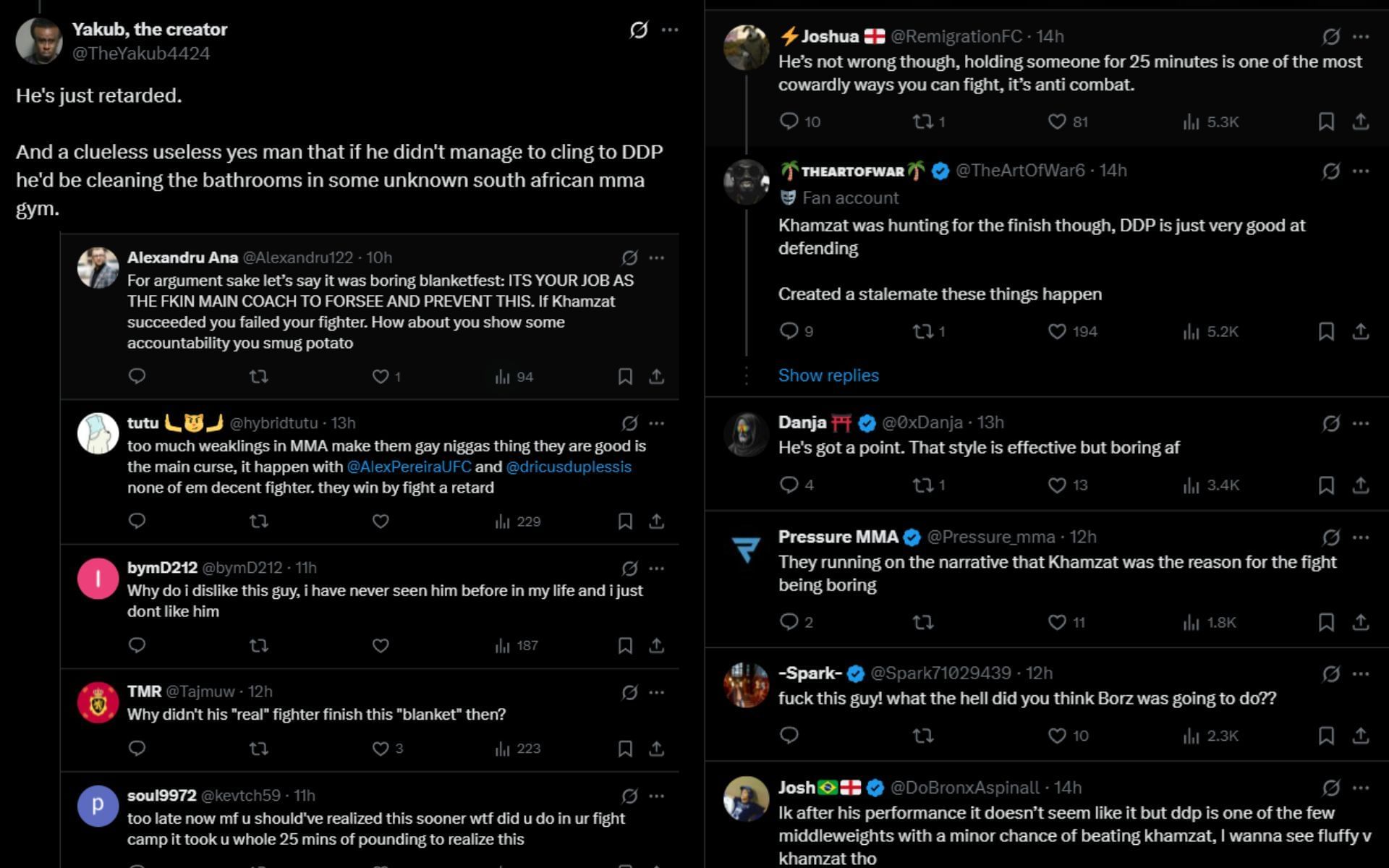 Fans react to Dricus du Plessis&#039; coach criticizing Khamzat Chimaev&#039;s fighting style. [Screenshots courtesy: @TheArtofWar6 on X]