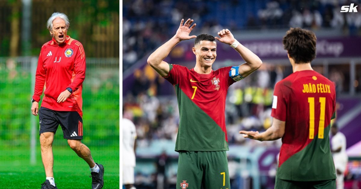 (L-R) Jorge Jesus, Cristiano Ronaldo, Joao Felix 