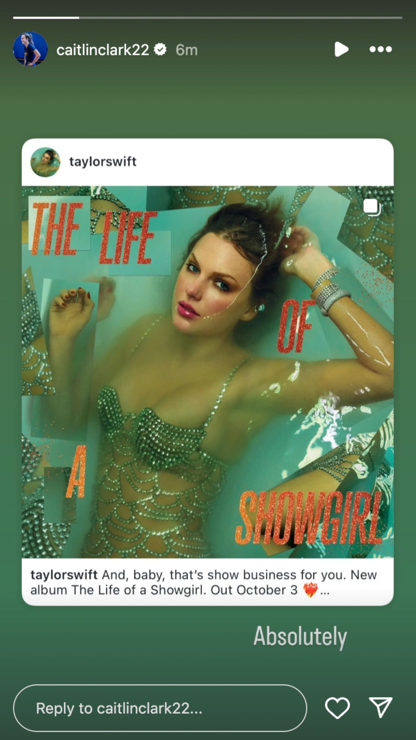 The Fever star revealed her excitement for the new Taylor Swift album. via @caitlinclark22