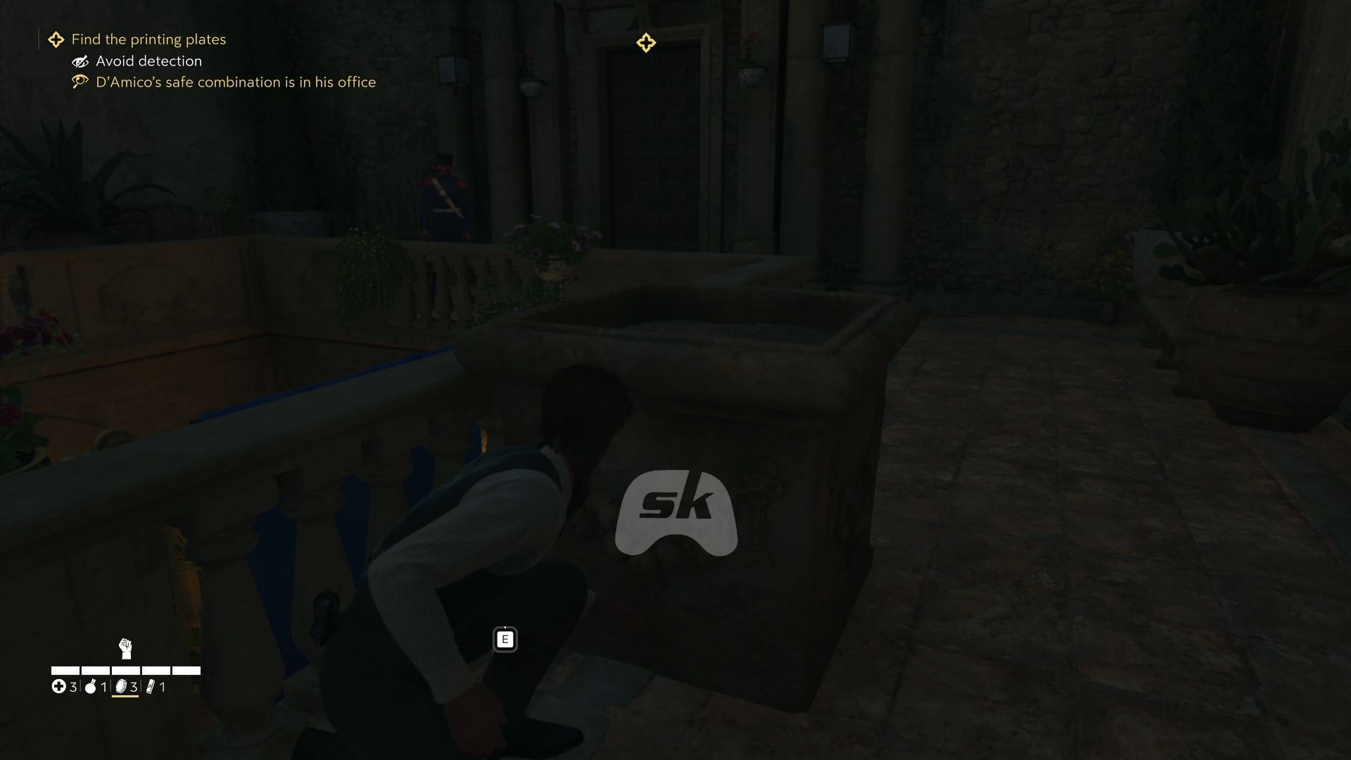 Throw a coin to distract the guard in front of the door and knock him down (Image via Sportskeeda Gaming || 2K)