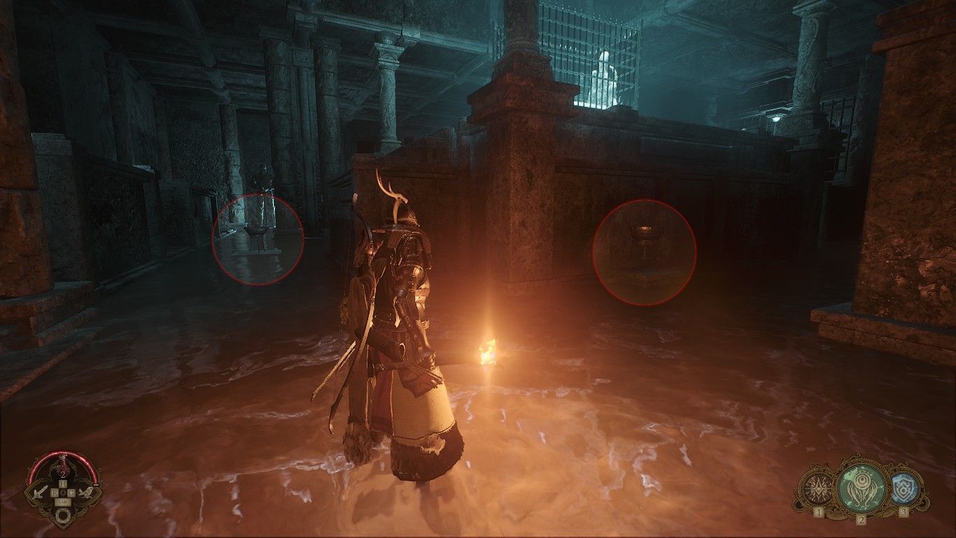 Brazier #2 and #3 in Soulframe crypt puzzle (Image via Digital Extremes)
