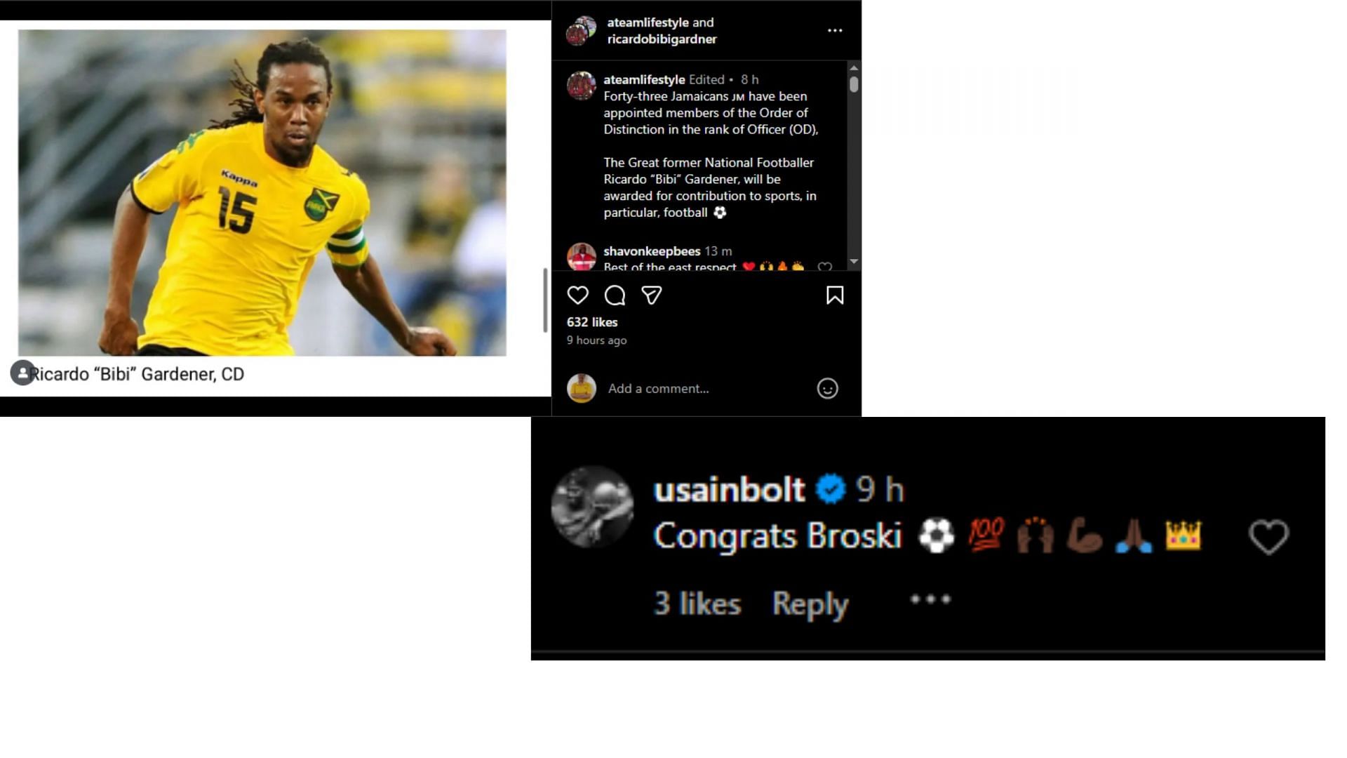 Screengrab of Usain Bolt&#039;s comment on a post about Ricardo Gardner [Image Source: Instagram/@ricardobibigardner]
