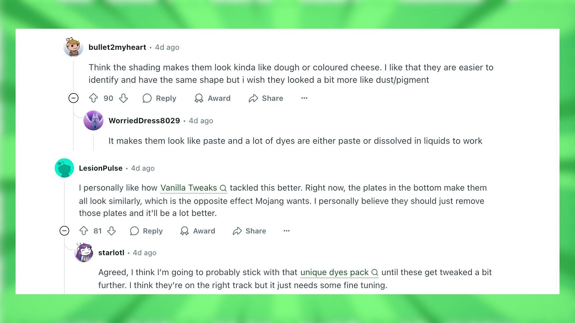 Redditors discuss the new dye shapes (Image via Reddit)