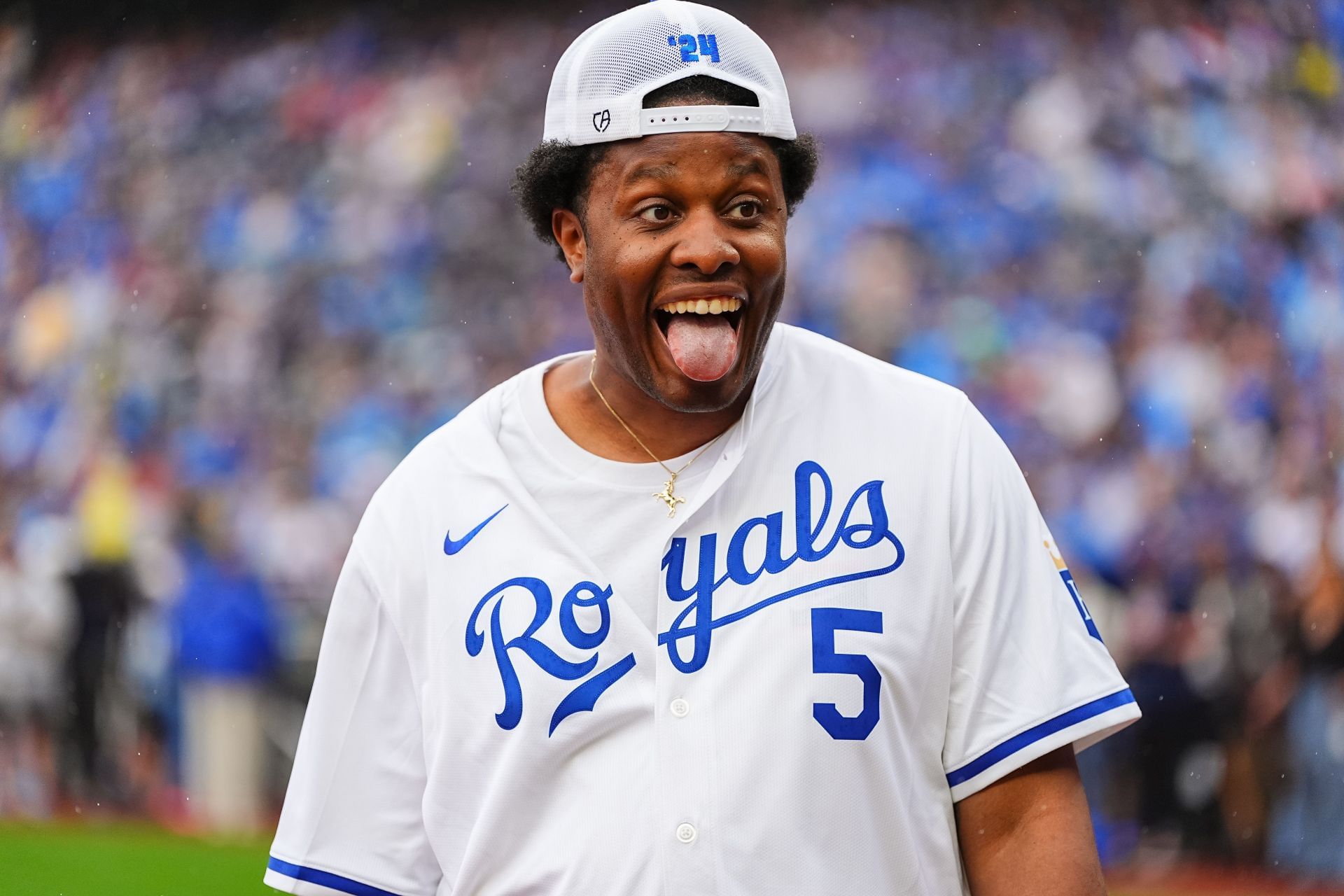 Devon Walker reacts to striking out in a Celebrity Softball game at Kauffman Stadium during the Big Slick Celebrity Weekend benefiting Children&#039;s Mercy Hospital (Image via Getty)