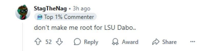 A third fan responds to Dabo Swinney&#039;s comments (Image Credit: Reddit/@StagTheNag)