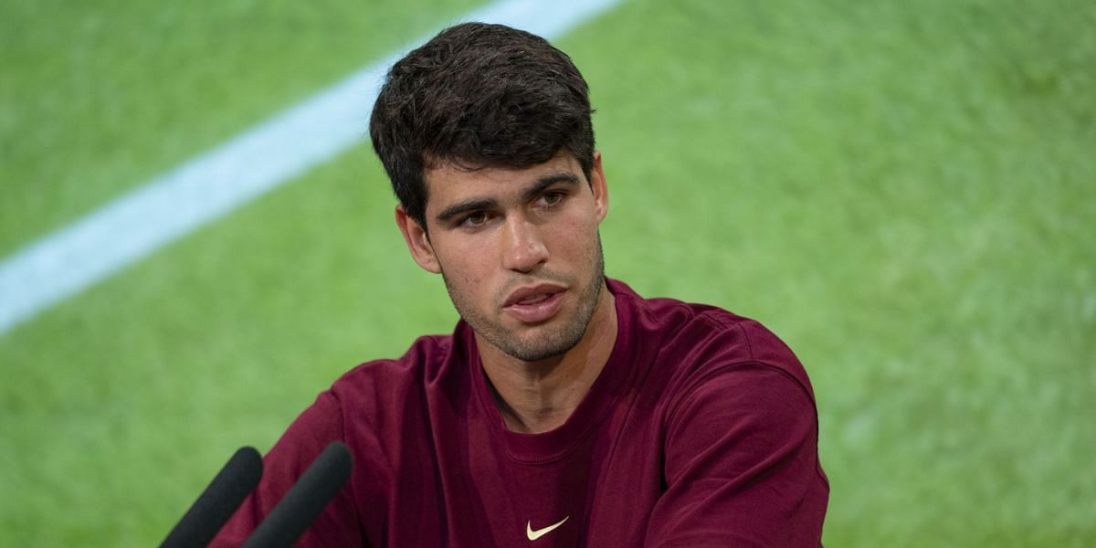 Carlos Alcaraz during a press conference at the 2025 Wimbledon Championships (Source: Getty)